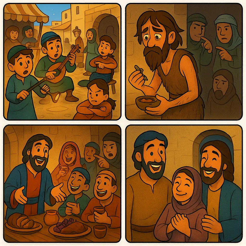 Illustration of children playing in a marketplace while others refuse to join