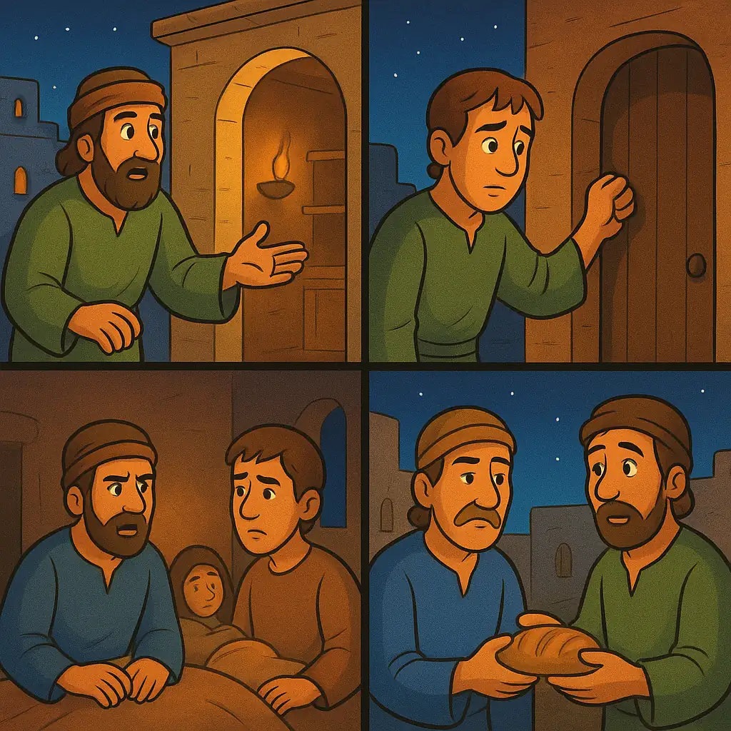 Illustration of a person knocking on a door at night