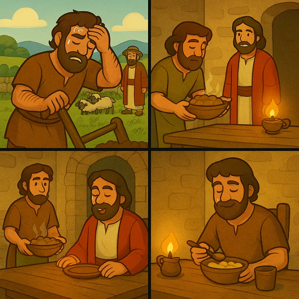 Illustration of a servant working in a field then serving his master at the table