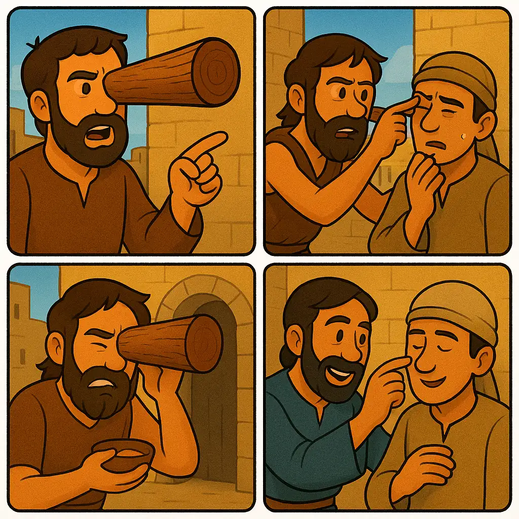 Illustration of a person with a log in their eye trying to remove a speck from another's eye