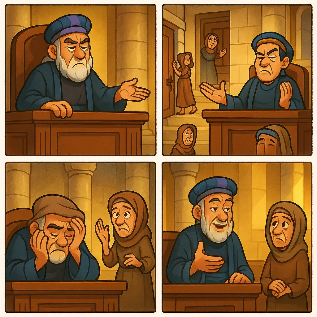 Illustration of a widow persistently appearing before a judge