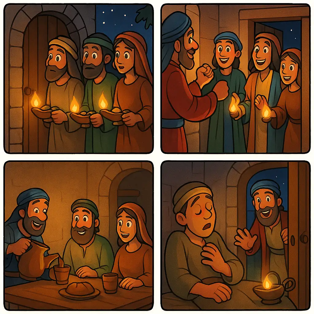 Illustration of servants with lamps lit waiting for their master's return